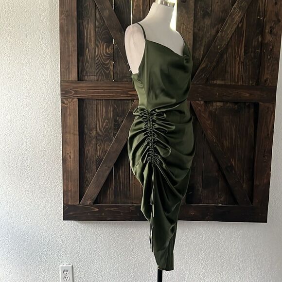 Neck Ruched Drawstring Knot Asymmetrical Satin Cami high thigh slit Dress - Picture 9 of 15